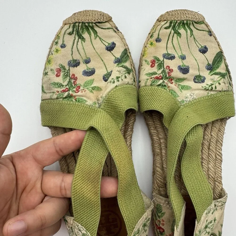Tory Burch Catalina Floral Botanical Espadrilles Canvas Elastic Sz 8 1/2 Flaws